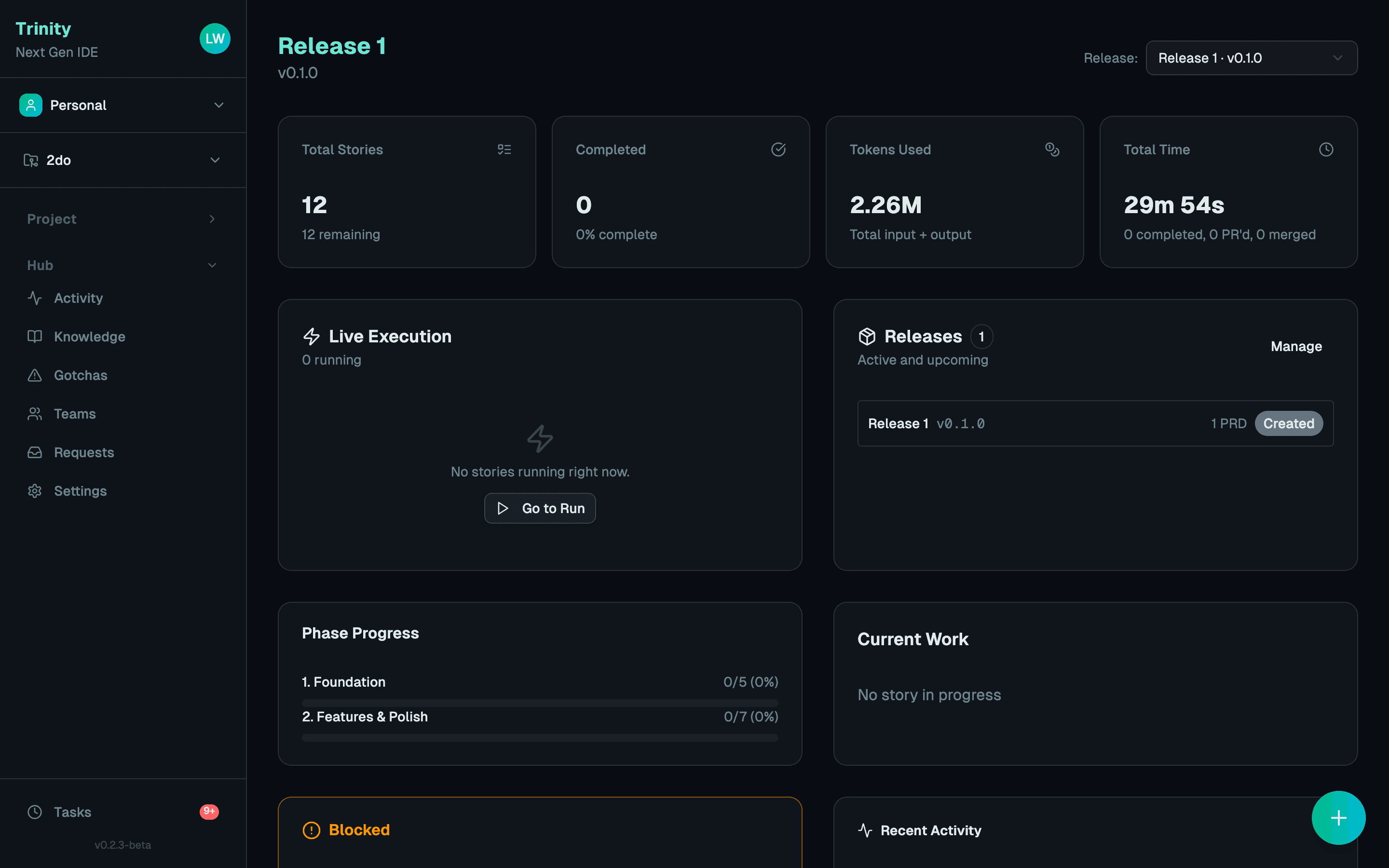 Trinity Dashboard — project overview with story progress, phase tracking, and execution status